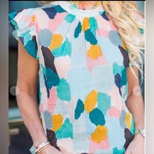 THML WATERCOLOR FLUTTER SLEEVE BLOUSE MEDIUM